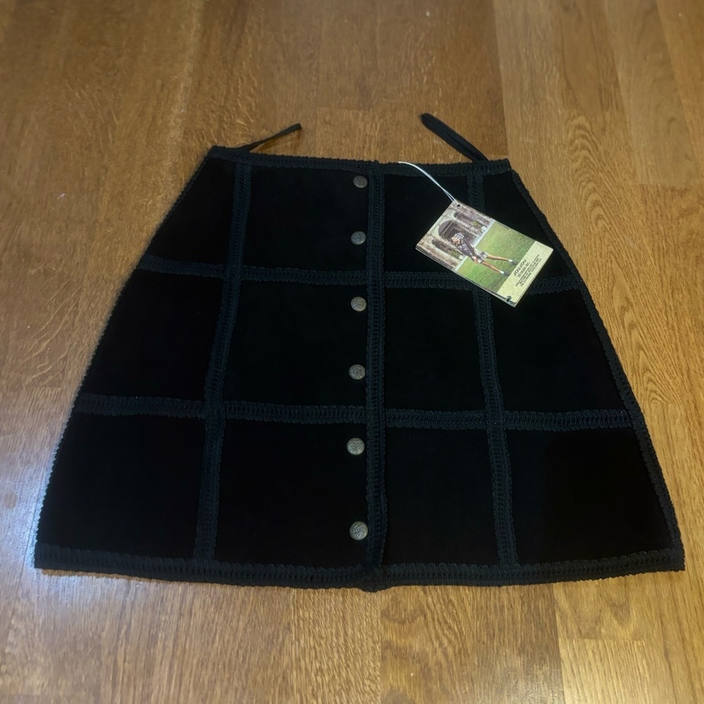 JouJou Black Genuine Leather Patchwork Mini Skirt Button Front Size 3 Y2K